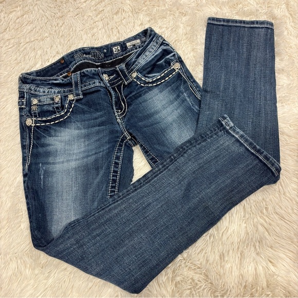 Miss Me Jeans Cuffed Capri Whiskered Embellished Rhinestones Blue Womens 25 - Picture 1 of 13